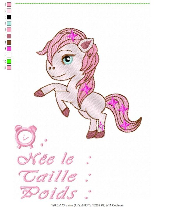 Margarida Broderie - Motifs machines à broder, broderie, FSL, ITH, Appliqués, Redwork, Motifs gratuits - Naissance poney fille