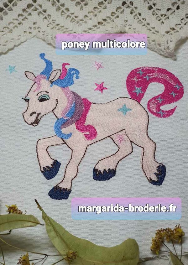 Margarida Broderie - Motifs machines à broder, broderie, FSL, ITH, Appliqués, Redwork, Motifs gratuits - Poney multicolore