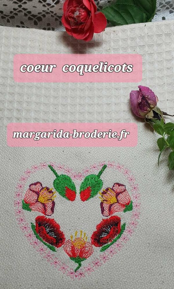 Margarida Broderie - Motifs machines à broder, broderie, FSL, ITH, Appliqués, Redwork, Motifs gratuits - Coeur Coquelicot