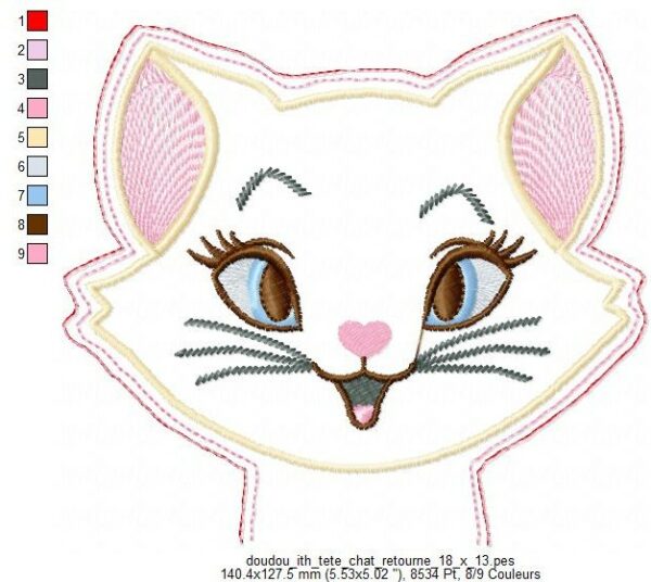 Margarida Broderie - Motifs machines à broder, broderie, FSL, ITH, Appliqués, Redwork, Motifs gratuits - Doudou Tête Chat (ITH)