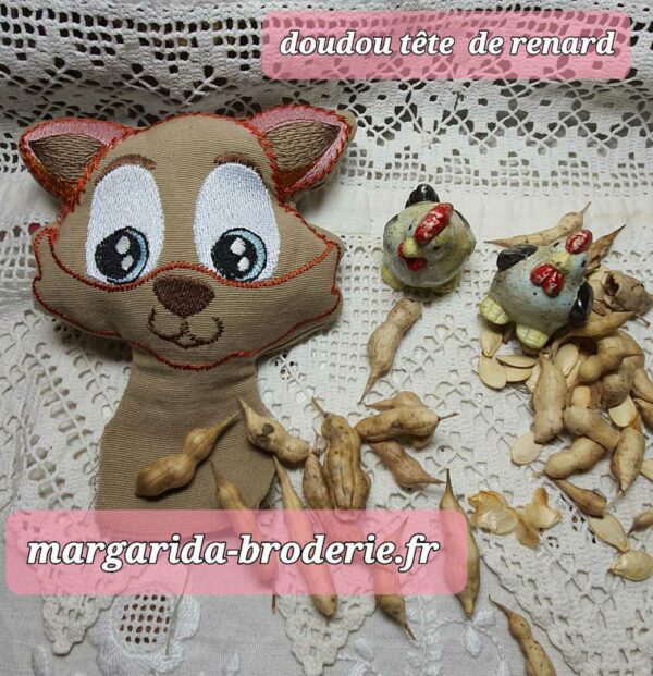 Margarida Broderie - Motifs machines à broder, broderie, FSL, ITH, Appliqués, Redwork, Motifs gratuits - Doudou Tête Renard (ITH)