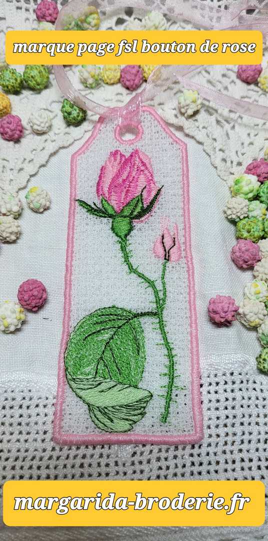 Margarida Broderie - Motifs machines à broder, broderie, FSL, ITH, Appliqués, Redwork, Motifs gratuits - Marque-page Bouton de Rose (FSL)