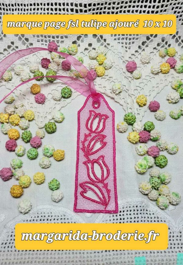 Margarida Broderie - Motifs machines à broder, broderie, FSL, ITH, Appliqués, Redwork, Motifs gratuits - Marque-page Tulipe ajourée (FSL)