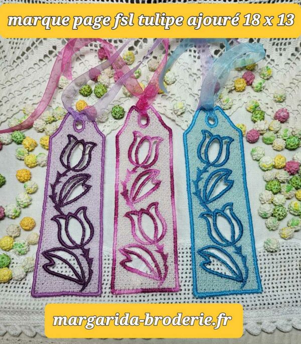 Margarida Broderie - Motifs machines à broder, broderie, FSL, ITH, Appliqués, Redwork, Motifs gratuits - Marque-page Tulipe ajourée (FSL)