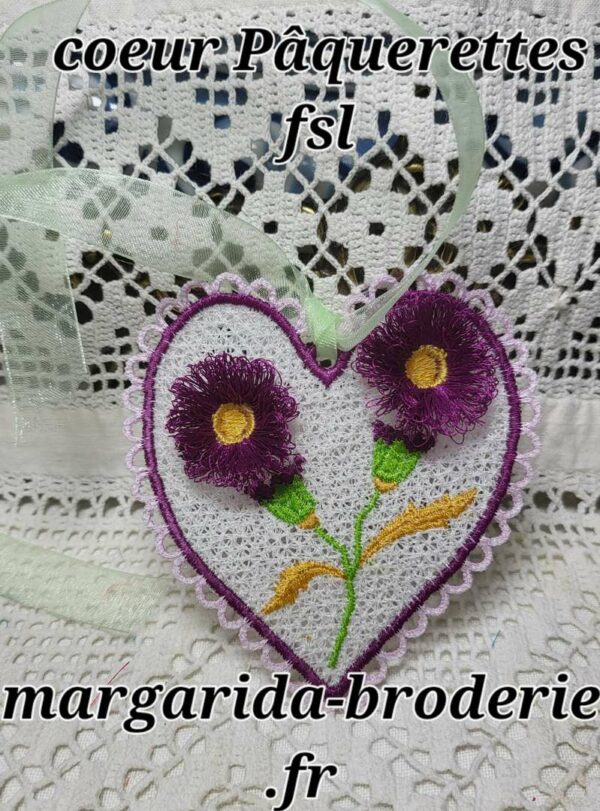 Margarida Broderie - Motifs machines à broder, broderie, FSL, ITH, Appliqués, Redwork, Motifs gratuits - Cœur Pâquerettes (FSL) (avec tuto et vidéo)