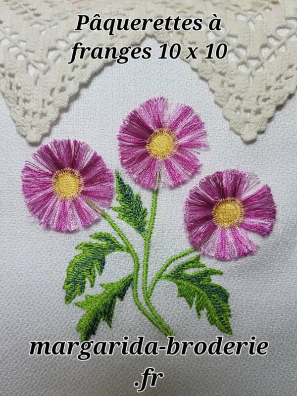 Margarida Broderie - Motifs machines à broder, broderie, FSL, ITH, Appliqués, Redwork, Motifs gratuits - Pâquerette à franges 10×10 (avec tuto et vidéo)