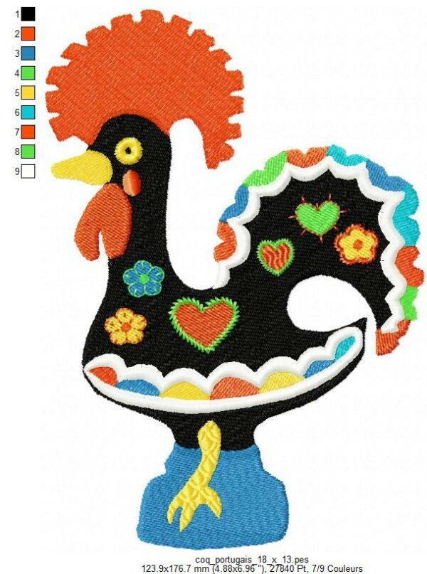 Margarida Broderie - Motifs machines à broder, broderie, FSL, ITH, Appliqués, Redwork, Motifs gratuits - Coq Portugais