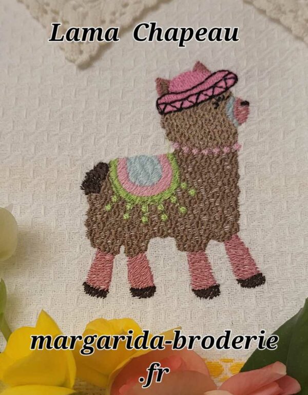 Margarida Broderie - Motifs machines à broder, broderie, FSL, ITH, Appliqués, Redwork, Motifs gratuits - Lama Chapeau