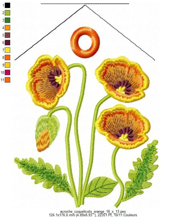 Margarida Broderie - Motifs machines à broder, broderie, FSL, ITH, Appliqués, Redwork, Motifs gratuits - Accroche – Coquelicots oranges (avec Tuto et Vidéo)