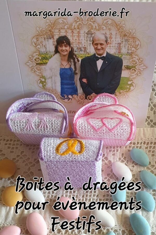 Margarida Broderie - Motifs machines à broder, broderie, FSL, ITH, Appliqués, Redwork, Motifs gratuits - Boîte Dragées (Boîte FSL) (avec vidéo)
