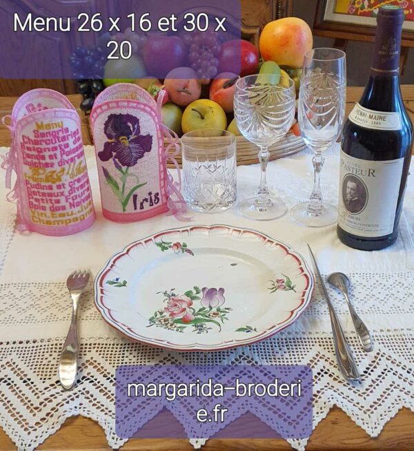 Margarida Broderie - Motifs machines à broder, broderie, FSL, ITH, Appliqués, Redwork, Motifs gratuits - Menu Iris rose 26 x 16 (FSL) (avec vidéo)