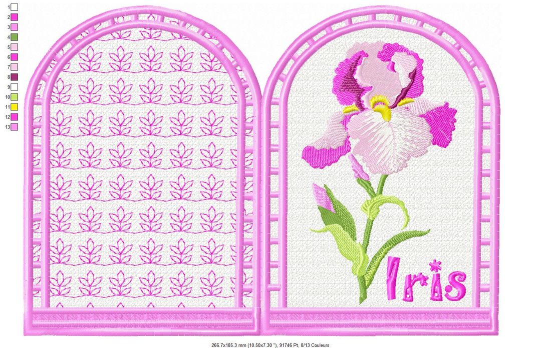 Margarida Broderie - Motifs machines à broder, broderie, FSL, ITH, Appliqués, Redwork, Motifs gratuits - Menu Iris violet 26 x 16 (FSL) (avec vidéo)