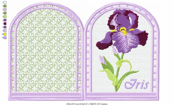 Margarida Broderie - Motifs machines à broder, broderie, FSL, ITH, Appliqués, Redwork, Motifs gratuits - Menu Iris violet 26 x 16 (FSL) (avec vidéo)
